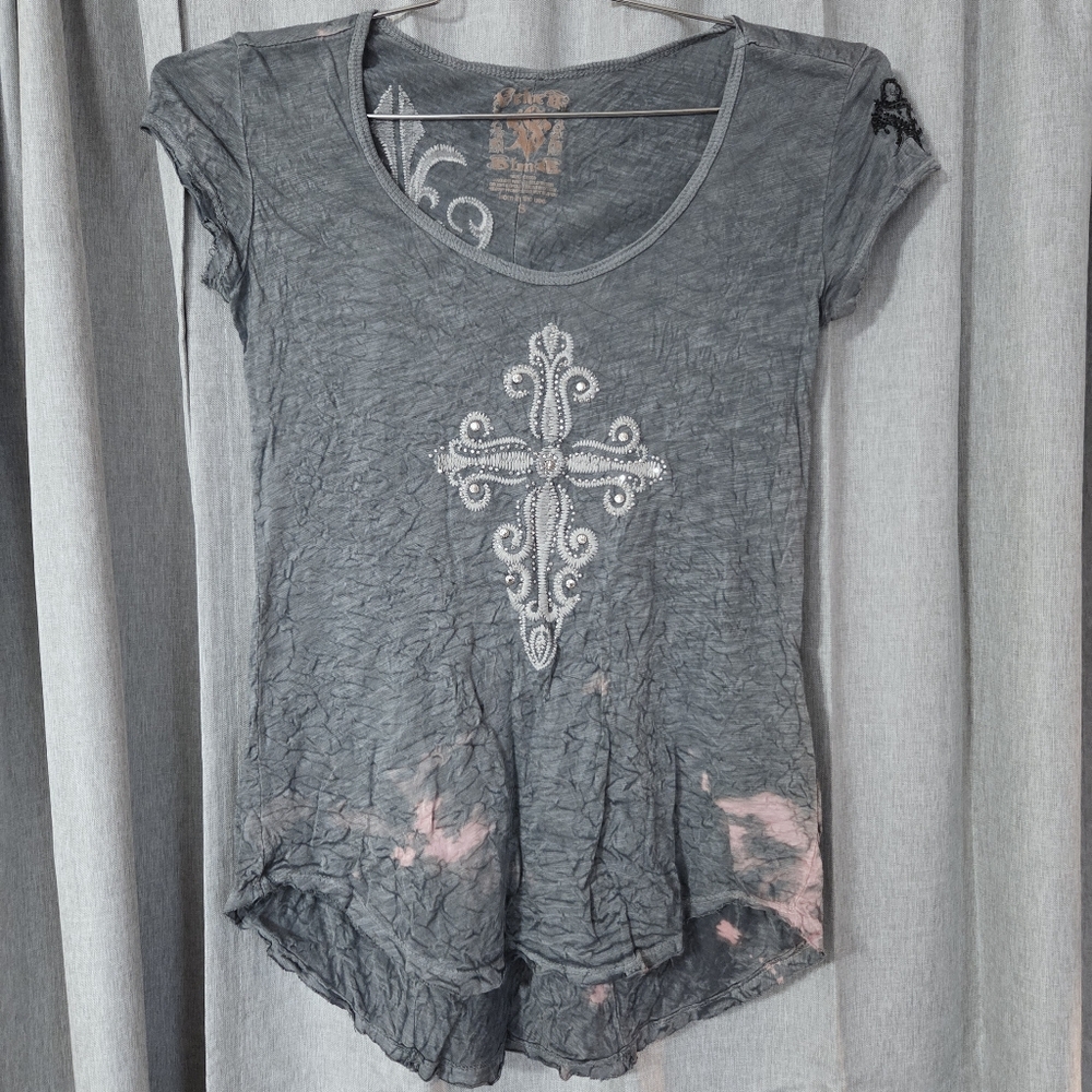 Velvet Stone Y2K Bedazzled Cross Acid‎ Wash Tshirt Size Small -Distressed